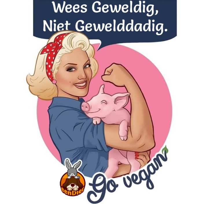 Sterke vrouw samen met een varken. Go vegan.
